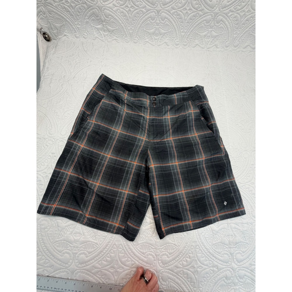 Columbia Omni-Shade Plaid Board Shorts Mens 36 Gray Orange Hiking Fishing